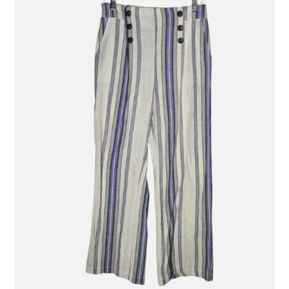 Cisono Linen Striped Nautical Wide Leg Pants Beach Coastal Vacation Yacht Medium - Picture 1 of 5